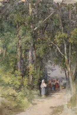 Russian maidservants with rakes in a deciduous woodland by 
																	Andrei Alexeevich Redkovsky