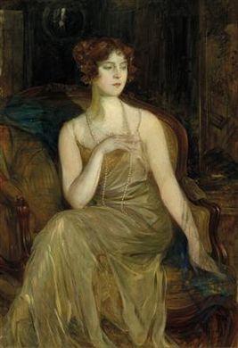 Portrait of a lady in a golden yellow evening gown by 
																	Paul Joanovitch