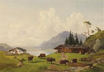 Landscape with cows in the foreground by 
																	Michael Lueger