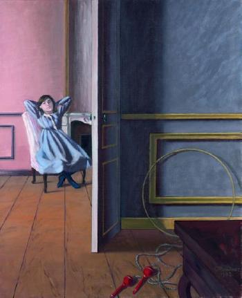 Fillette assise dans un intérieur avec cerceau et corde à sauter by 
																	Lucien Mandosse