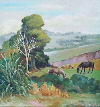Thoroughbreds grazing by 
																	James Turkington