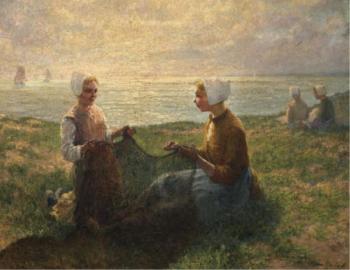 Women mending nets by the sea, distant sailboats by 
																	Carel Eugene Mulertt