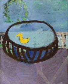 Gelber Vogel im Brunnen auf der Terrasse am Meer und Lorbeerkranz by 
																	Barbara Kussinger