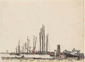 Wremen (Wesermündung). Hafen am Boden by 
																	Alfred Mahlau