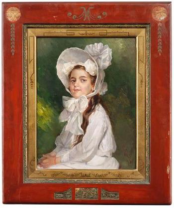 Bildnis eines kleinen Mädchens in weißem Kleid und weißer Haube by 
																	Adolf Raufer