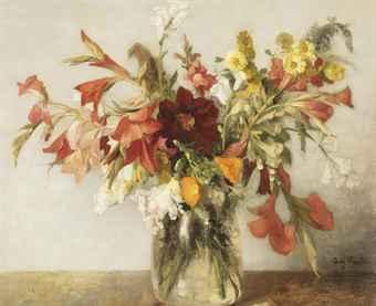 A colourful bouquet in a glass vase by 
																	Georg Rueter
