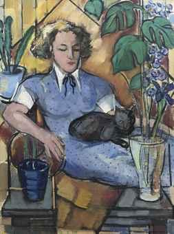Woman with a cat by 
																	Louis Saalborn