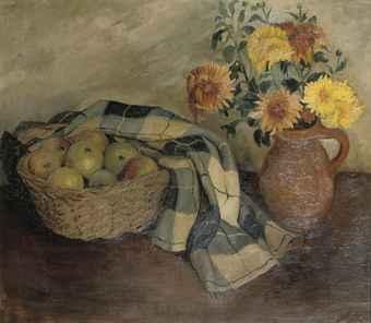 A still life with apples in a basket by 
																	Johan van Zweden