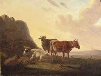 A herdsman and his cattle at sunset by 
																	Matthys Quispel