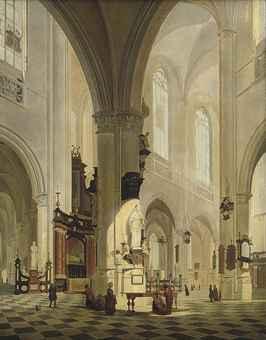 The interior of a cathedral with elegant company by 
																	Josephus Christianus Nicolie