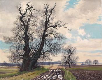 Herbstliche Landschaft auf der rauhen Alb mit malerischer Baumgruppe und Blick über Felder by 
																	Otto Neubrand