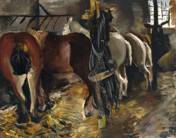 Fünf Pferde an der Raufe im Stall mit aufgehängtem Zaumzeug by 
																	Annot Jacobi