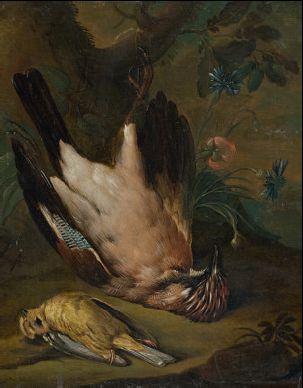 Jagdstillleben mit Vögeln und Blumen by 
																			Johann Rudolf Byss