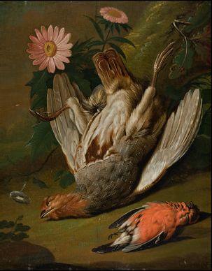 Jagdstillleben mit Vögeln und Blumen by 
																			Johann Rudolf Byss