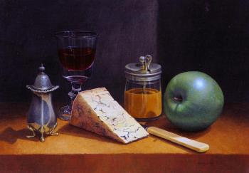 Still life with glass of wine, apple, cheese knife and condiments by 
																	Timothy J Gustard