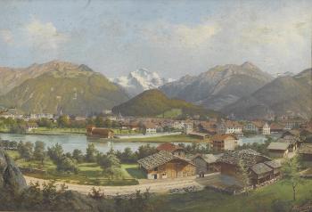 Sommerliche Ansicht von Interlaken mit der Jungfrau by 
																	Albert Gysling