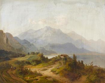 Bergsee mit Haus und Holzsammler by 
																	Carl August Aerttinger