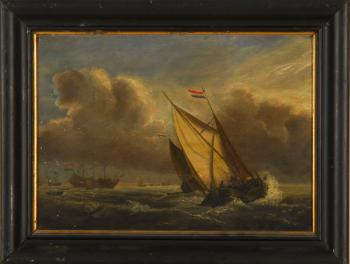 A ship and sailboats in rough water under a stormy sky by 
																	Richard Baigent