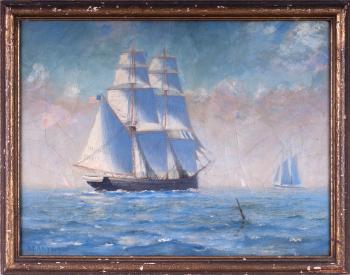 American brig in coastal waters by 
																	Alfred Carter Needham