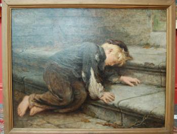 Boy asleep on stone steps by 
																	John Alfred Vinter