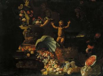 Natura morta con figure, trionfi di frutta e fiori su sfondo di paesaggio by 
																			Alberto Lionelli