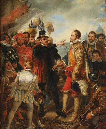 A regent and explorer - possibly King Ferdinand II and Ponce de Leon by 
																			Antoine Pierre Charles Favart