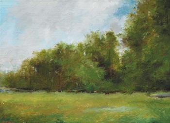 Meadow with trees and cattle by 
																	Leo Earley