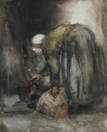 Granny replenishing peat fire by 
																	Hannah C Preston MacGoun