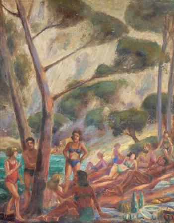 Beach goers in bathing suits among trees with a body of water in the background by 
																	Lucien Adolphe Labaudt