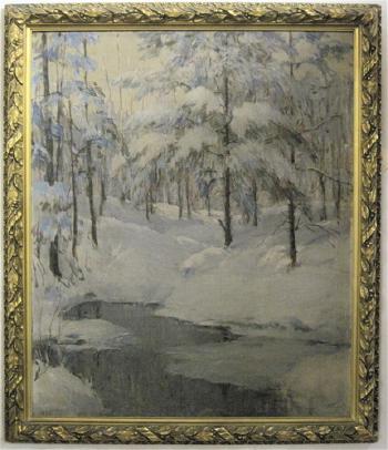 Winter forested landscape with a stream in the foreground by 
																	Harry Franklin Waltmann