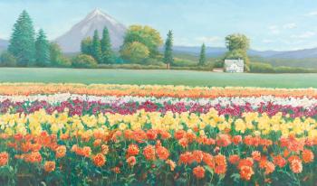 A northwest landscape with rows of colorful flowers, mountain in background by 
																	Susan Kuznitsky
