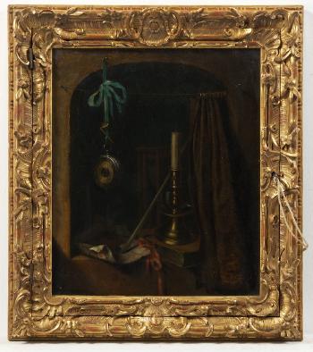 Still life with candlestick and clock by 
																			Karl Makowitschka