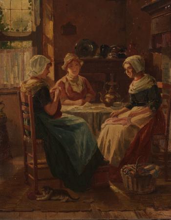 Three young women in a kitchen by 
																	Adolf Raufer
