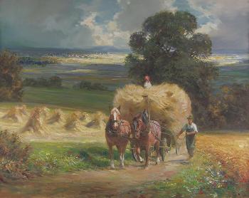 Erntelandschaft mit Bauern bei der Getreideernte by 
																	Hans Nickel