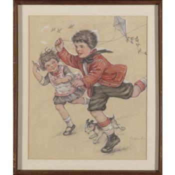 Two Children With Dog And Kite by 
																	Florence Pearl England Nosworthy