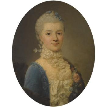 Portrait Of A Lady, Wearing A Blue Dress And Lace Collar by 
																	Giuseppe Baldrighi