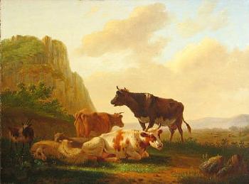 Cattle and sheep resting in a landscape by 
																	Matthys Quispel