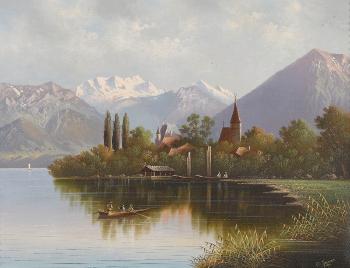 Ansicht der Schadau mit Niesen und Berner Alpen by 
																	Rudolf Emanuel Albert Immer
