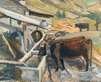 Weidende Kühe an der Tränke by 
																	Marguerite Junod