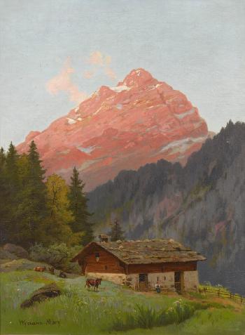Sommerliche Alp mit Berggipfel im Abendrot by 
																	Karl Christian Wymann-Mory