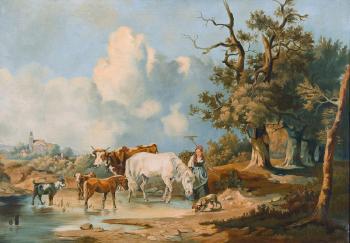 Sommerliche Landschaft mit Bäuerin und Tieren by 
																	Charles Dubois-Melly