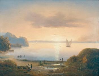 Seeuferpartie mit Staffage in der Abendsonne by 
																	Charles Dubois-Melly