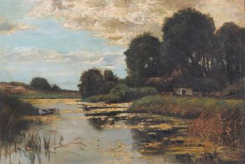 Sommerliche Flusslandschaft mit Bauernhaus by 
																	Jan de Landtsheer