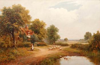 Sheep and drover in a country lane beside a pond. Girl with geese beside a pond by 
																	Robert Robin Fenson