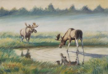 Elks at a watering hole in East Prussia by 
																	Hans Julius Bernhard Kallmeyer