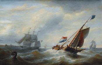 Dutch sailing vessels in choppy sea by 
																			Christian Cornelis Kannemans