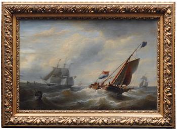 Dutch sailing vessels in choppy sea by 
																			Christian Cornelis Kannemans