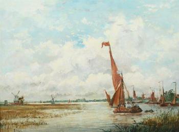 Moored sailboats with distant windmill by 
																	Adolphe Ragon