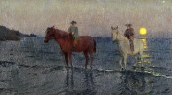 Zwei Reiter am Strand mit tiefstehender Sonne by 
																	Karl Hachez