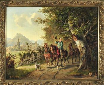 Grüßender Mann mit drei Pferden und Hund auf einem Waldweg am Rande einer kleiner Stadt by 
																	Otto Progel